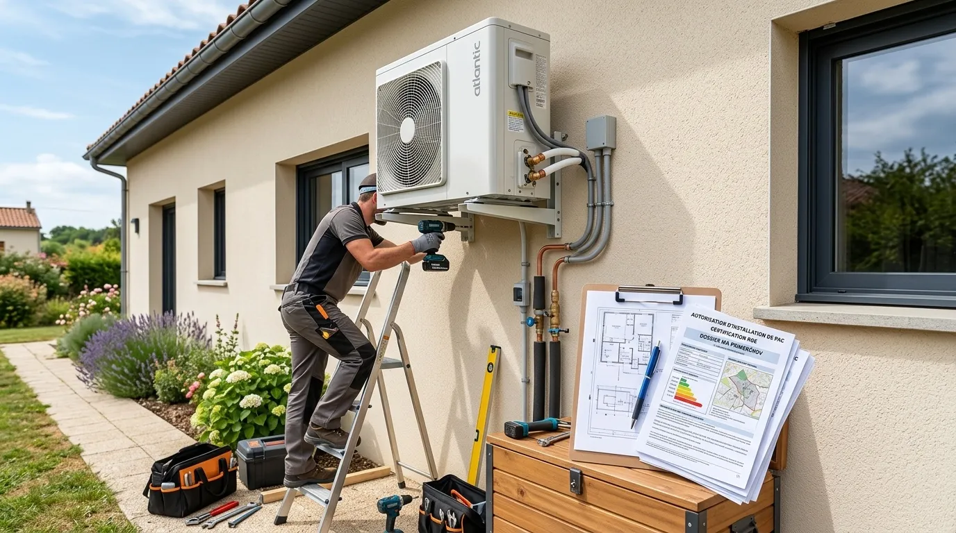 Technicien réglant une pompe à chaleur extérieure devant une maison rénovée et bien isolée