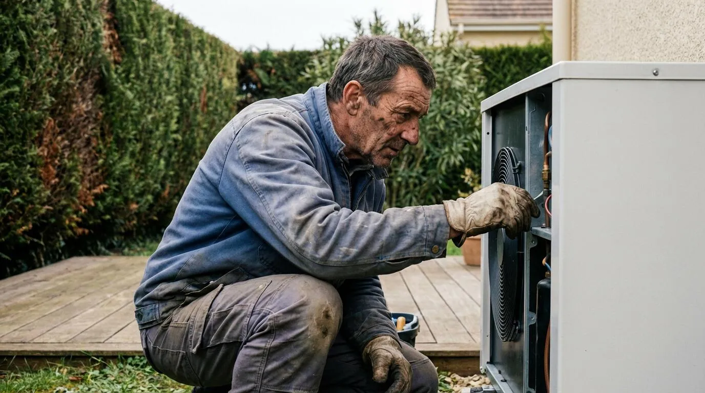 Technicien contrôlant une pompe à chaleur extérieure devant une maison bien isolée en préparation de l’hiver avec analyse énergétique et relevés de consommation