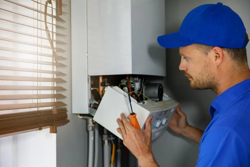Technicien vérifiant radiateurs, chaudière et régulation avant l’hiver dans une maison pour prévenir les pannes et améliorer le rendement énergétique