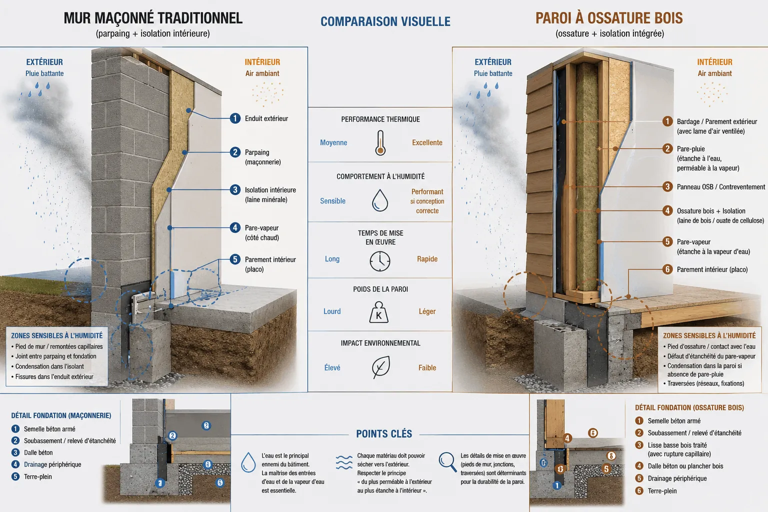 Comparaison visuelle entre mur maçonné traditionnel et paroi en ossature bois avec détails de fondation, isolation, pare-vapeur et zones sensibles à l’humidité