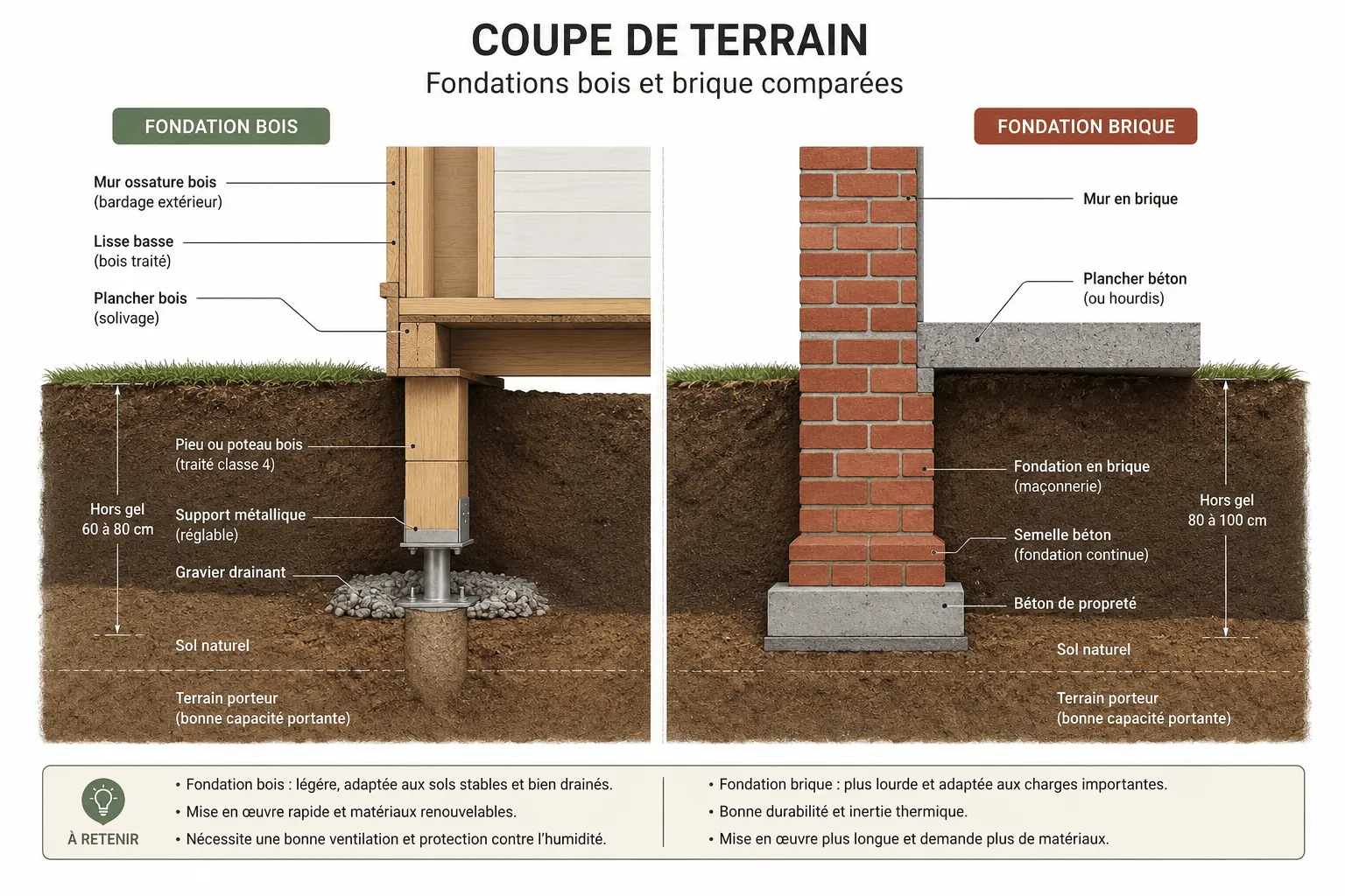 Coupe de terrain avec fondations bois et brique comparées