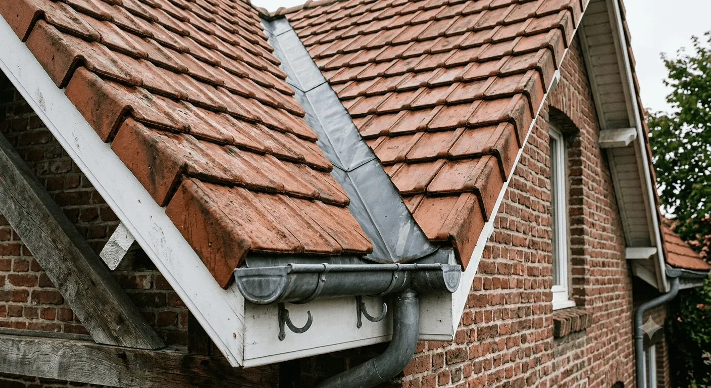 Détail de toiture avec solin noue et gouttière