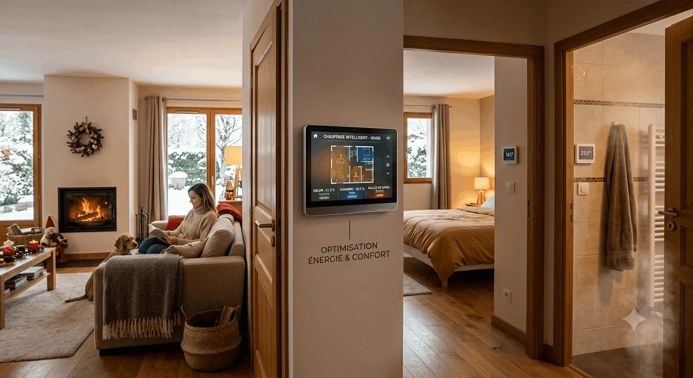 Thermostat réglé pièce par pièce dans une maison en hiver avec salon chambre et salle de bains affichant des températures distinctes pour optimiser confort et économies d énergie