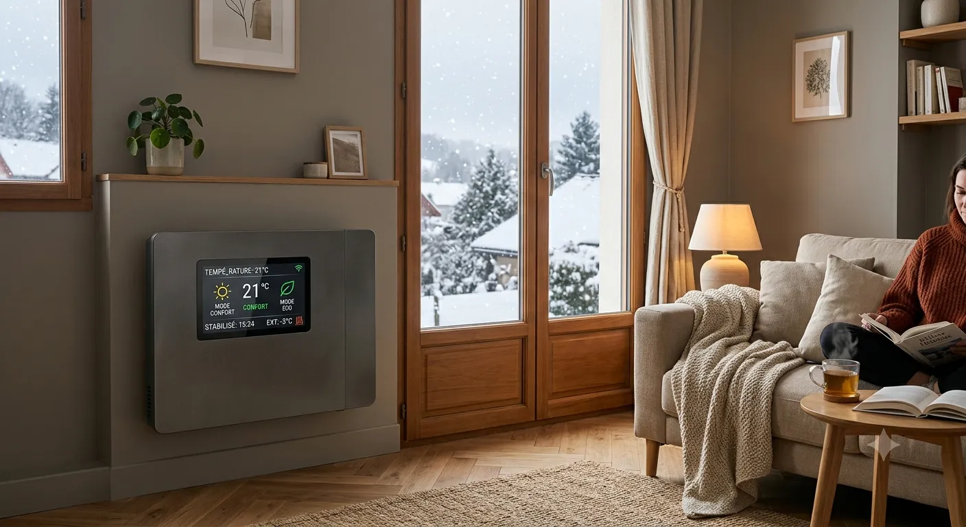 Radiateur électrique moderne avec écran de réglage et modes confort éco dans un salon bien isolé en hiver, fenêtre fermée et ambiance de maison sobre et chaleureuse