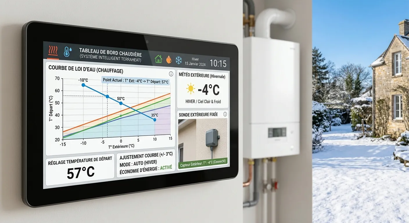 Tableau de bord de chaudière avec courbe de loi d’eau, sonde extérieure fixée sur une façade claire et interface de réglage montrant la température de départ selon la météo hivernale