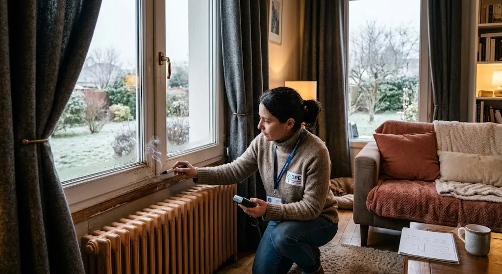 Salon d’hiver avec fenêtre, rideaux épais et test d’infiltration d’air près des ouvrants pour améliorer le confort thermique ressenti