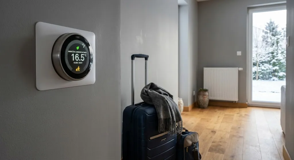 Thermostat de maison affichant mode éco en hiver avec valise d’absence et radiateur en arrière-plan dans un intérieur bien isolé