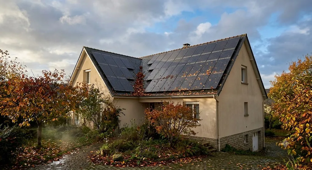 Toiture de maison équipée de panneaux solaires sous lumière rasante d’automne avec ciel partiellement nuageux, feuilles humides et ambiance de saison froide illustrant la production photovoltaïque hors été